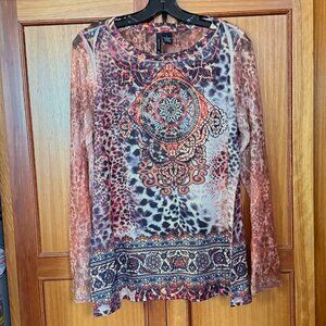 Psychedelic Hippy Look Solid & Mesh Long Sleeve Stretchy Top